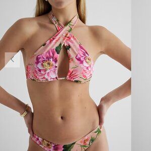 EXPRESS Convertible Halter Swim Top (XS) & Mid Rise Swim Bottom (S) - Pink Print